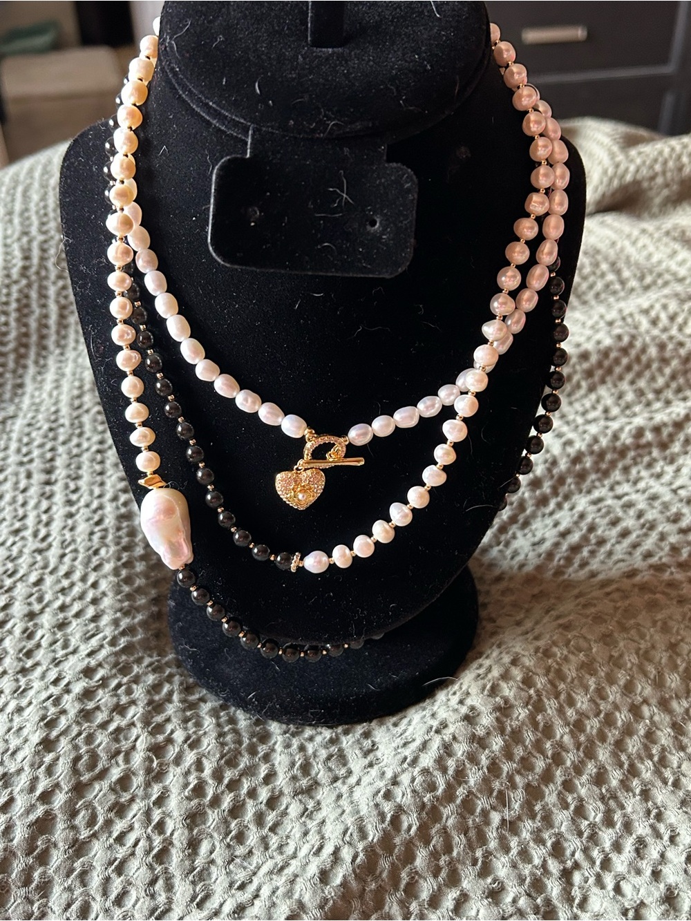 Layered (2) Pearl and Black Bead Heart-Lock Necklaces by Farra Jewelry.